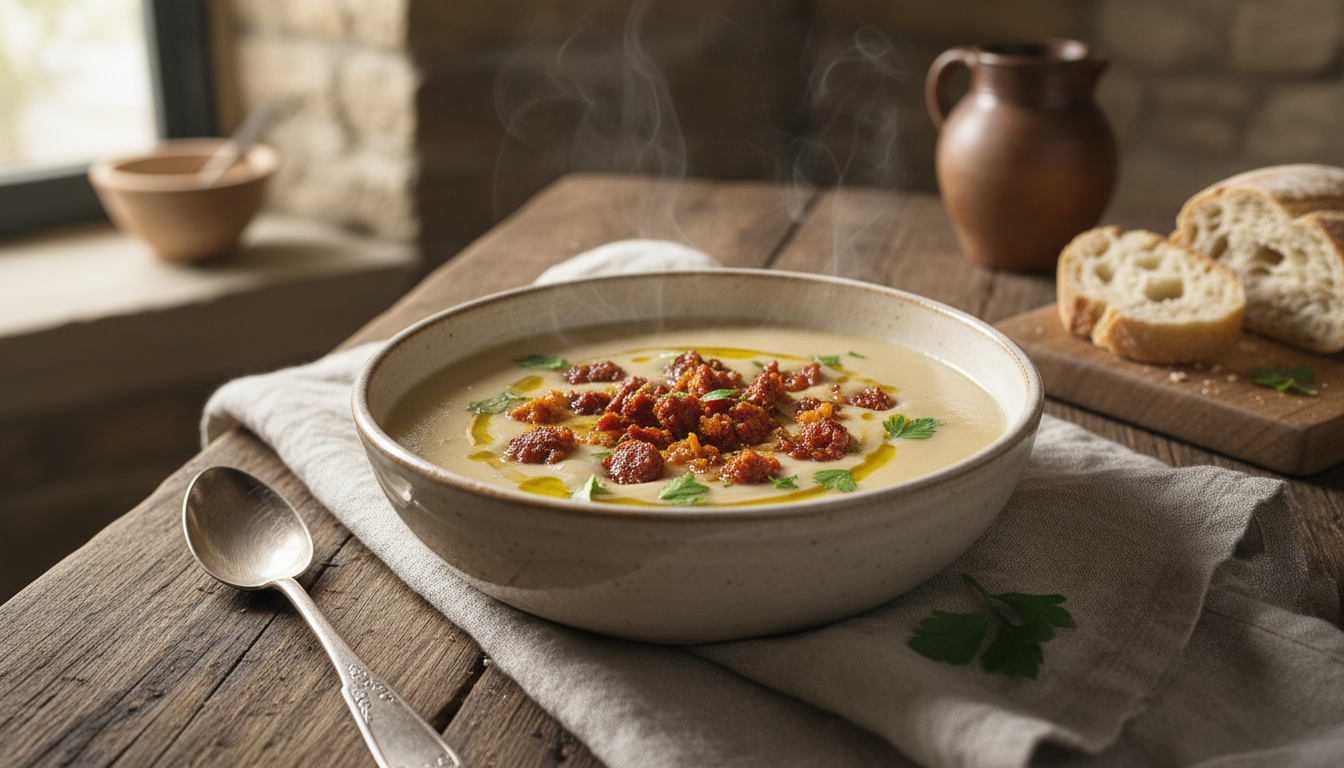 découvrez notre velouté de chou-fleur au chorizo, une recette réconfortante qui réchauffe la maison et chasse la grisaille de l'hiver avec ses saveurs intenses et chaleureuses.