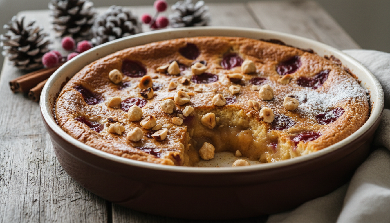 découvrez notre clafoutis hivernal réconfortant, alliant un cœur fondant à des éclats de noisettes croquantes, prêt en un instant pour un instant gourmand et chaleureux.