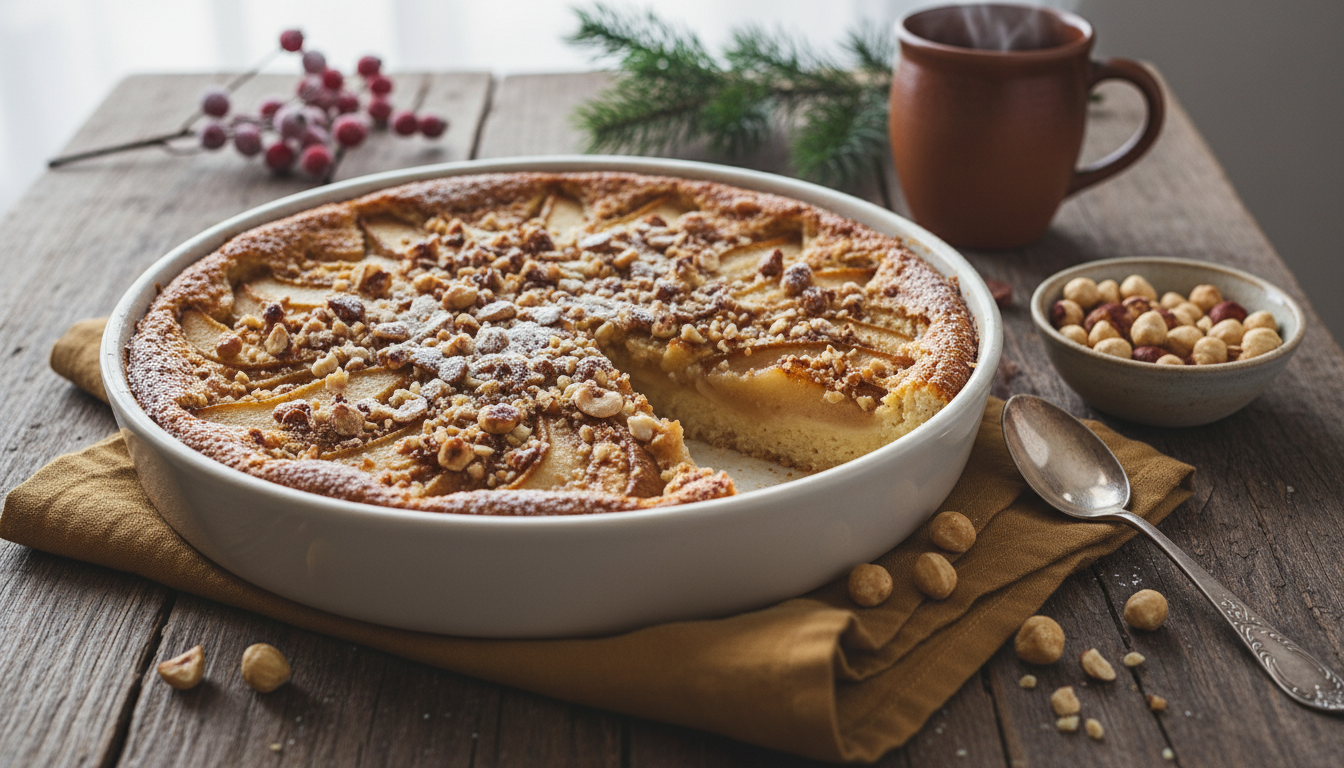 découvrez notre clafoutis hivernal réconfortant au cœur fondant et éclats de noisettes croquantes, une recette rapide et facile pour un dessert chaleureux à partager.