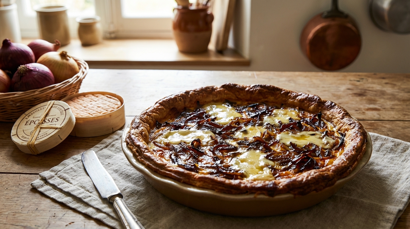 savourez notre quiche aux oignons caramélisés et au fromage époisses, une recette gourmande alliant douceur et saveurs riches pour un repas parfait.