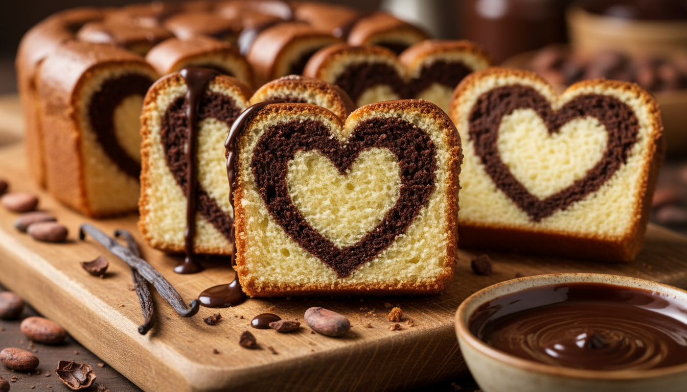 savourez la douceur fondante des tranches de cake surprise cœur vanille et chocolat, une gourmandise réconfortante qui ravira vos papilles à chaque bouchée.