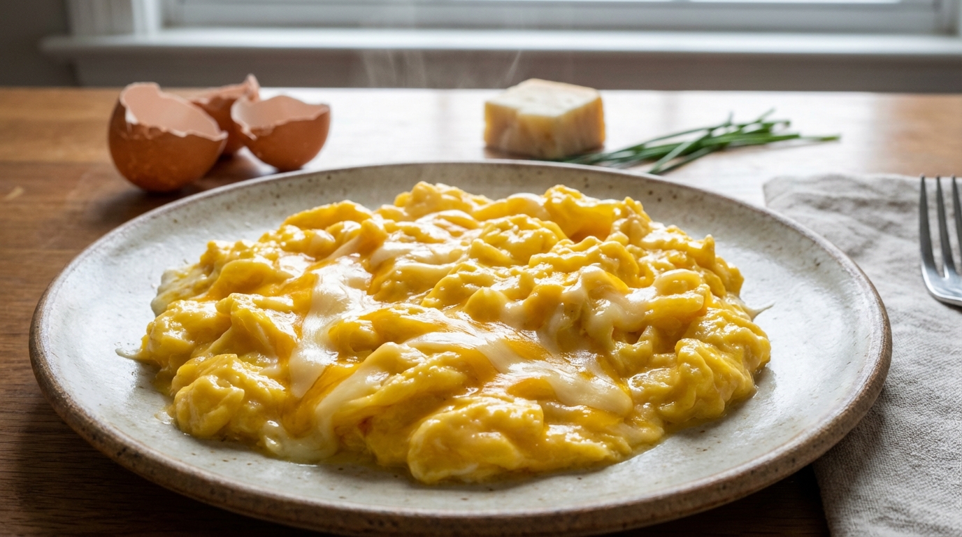 apprenez à préparer une délicieuse brouillade d'œufs au fromage, onctueuse et savoureuse, parfaite pour un petit-déjeuner ou un brunch rapide.