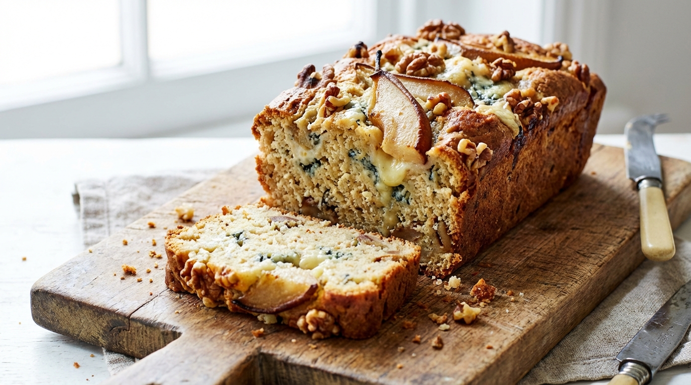 savourez notre cake salé gourmand alliant le goût intense du fromage bleu, la douceur des poires fondantes et le croquant des éclats de noix, pour un plaisir unique et raffiné.