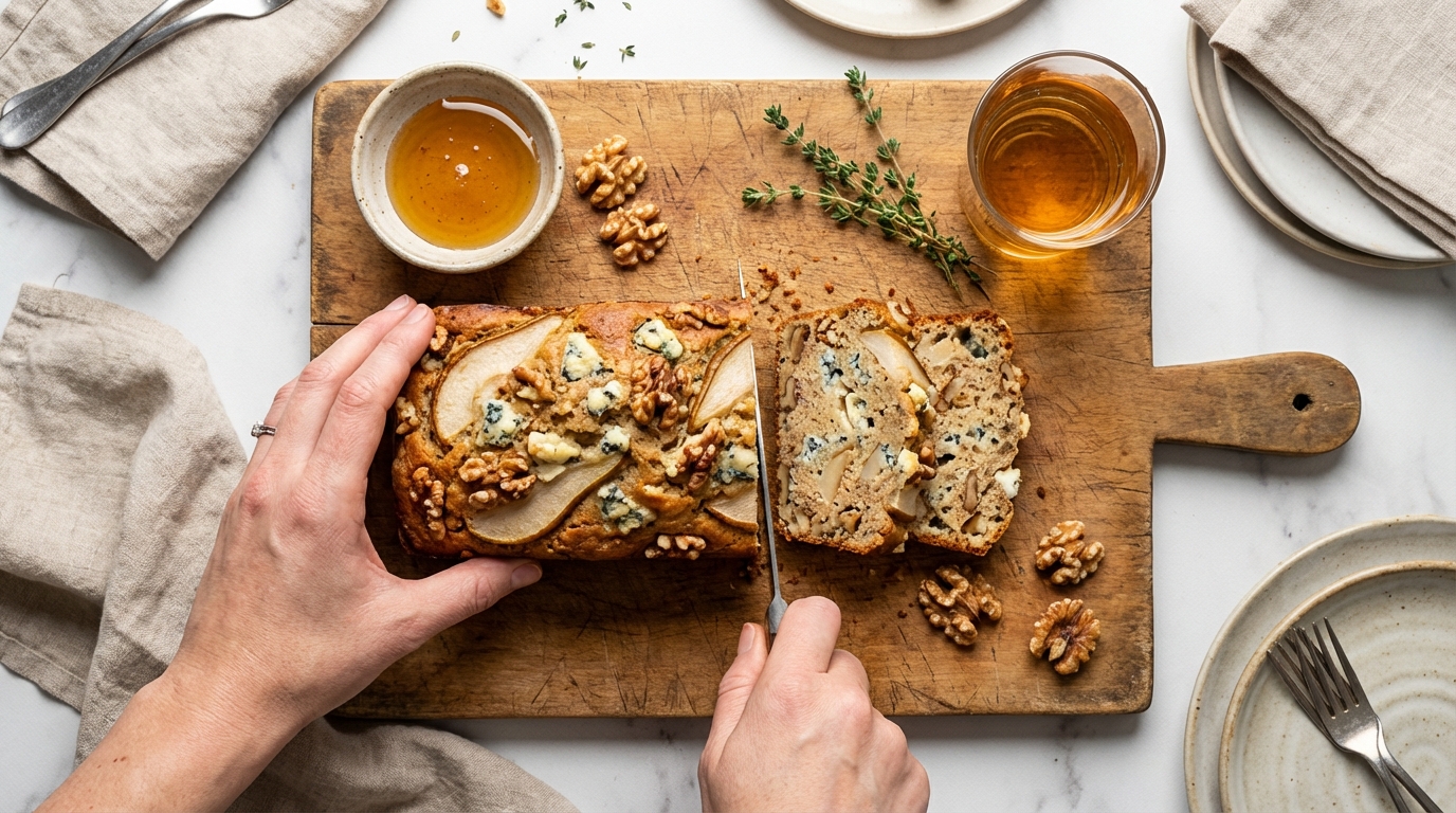 savourez notre cake salé gourmand alliant le fromage bleu, la douceur des poires fondantes et le croquant des éclats de noix, pour une explosion de saveurs unique.