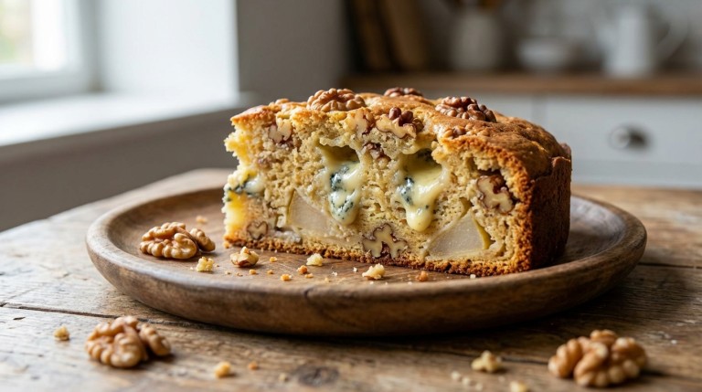savourez notre cake salé au fromage bleu, poires fondantes et éclats de noix croquants, une alliance gourmande parfaite pour vos apéritifs et repas.