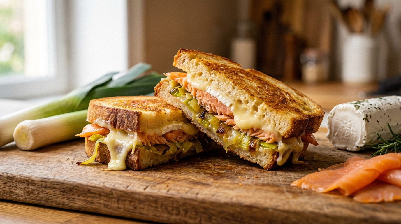 découvrez notre recette simple et savoureuse de croque-monsieur au saumon, poireau et chèvre, parfaite pour un repas gourmand et original.