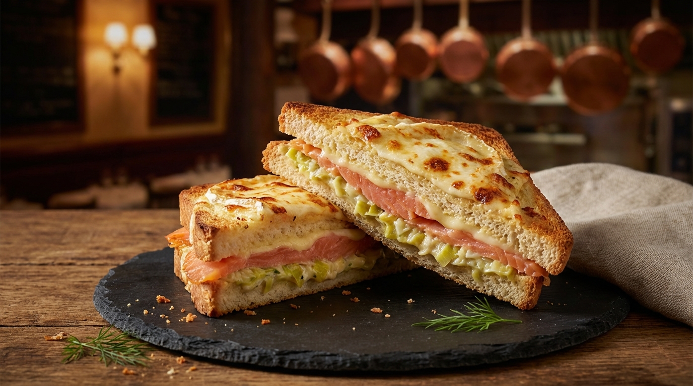 découvrez notre recette simple et savoureuse de croque-monsieur au saumon, poireau et chèvre, idéale pour un repas gourmand et facile à préparer.