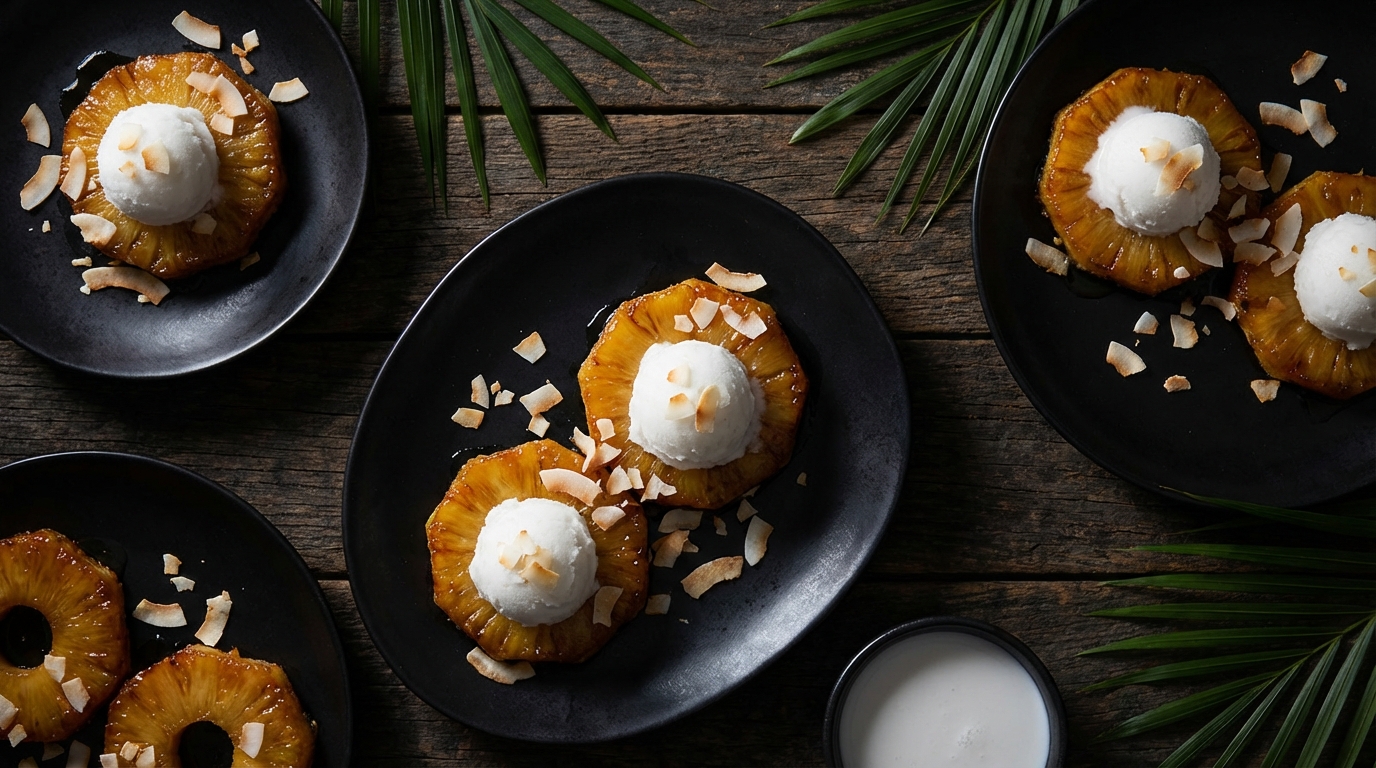 savourez nos mini tartelettes tatin à l'ananas accompagnées d'un sorbet coco ultra léger, pour une explosion de saveurs exotiques et une douceur délicate.