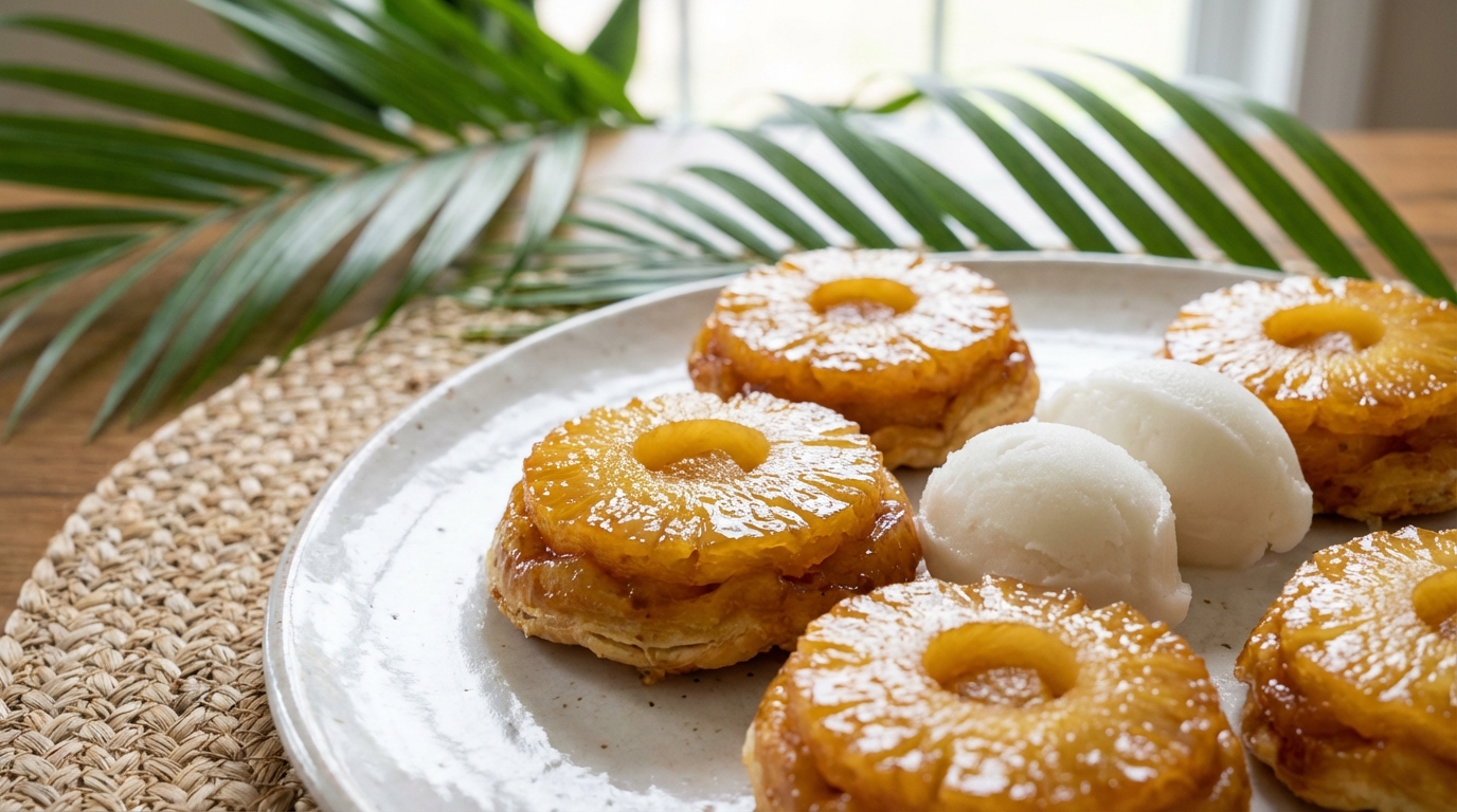 savourez nos mini tartelettes tatin à l'ananas, accompagnées d'un sorbet coco ultra léger, pour une explosion de saveurs exotiques et une touche de fraîcheur inégalée.