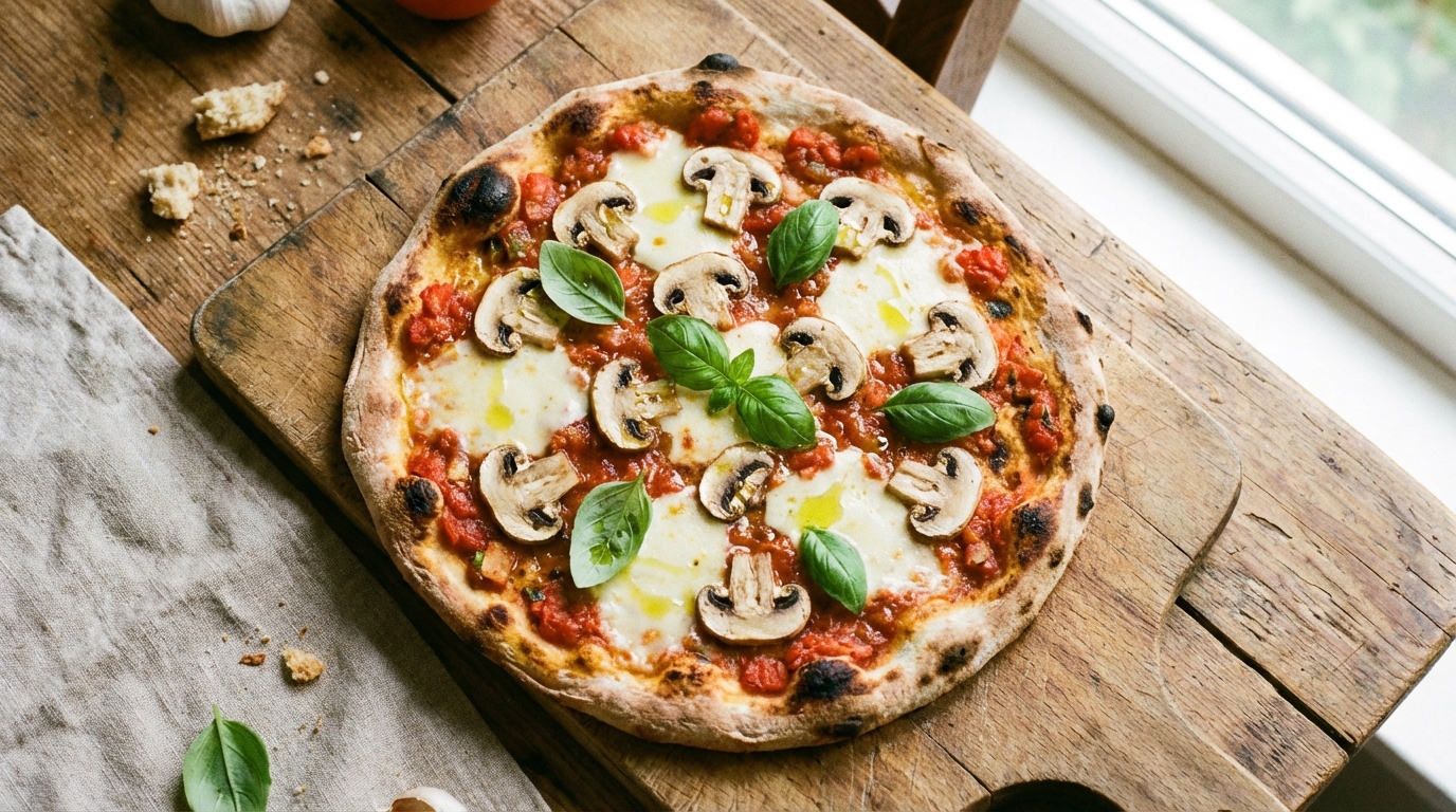 découvrez notre délice végétarien, une pizza légère et savoureuse aux champignons de paris, idéale pour un repas gourmand et équilibré.
