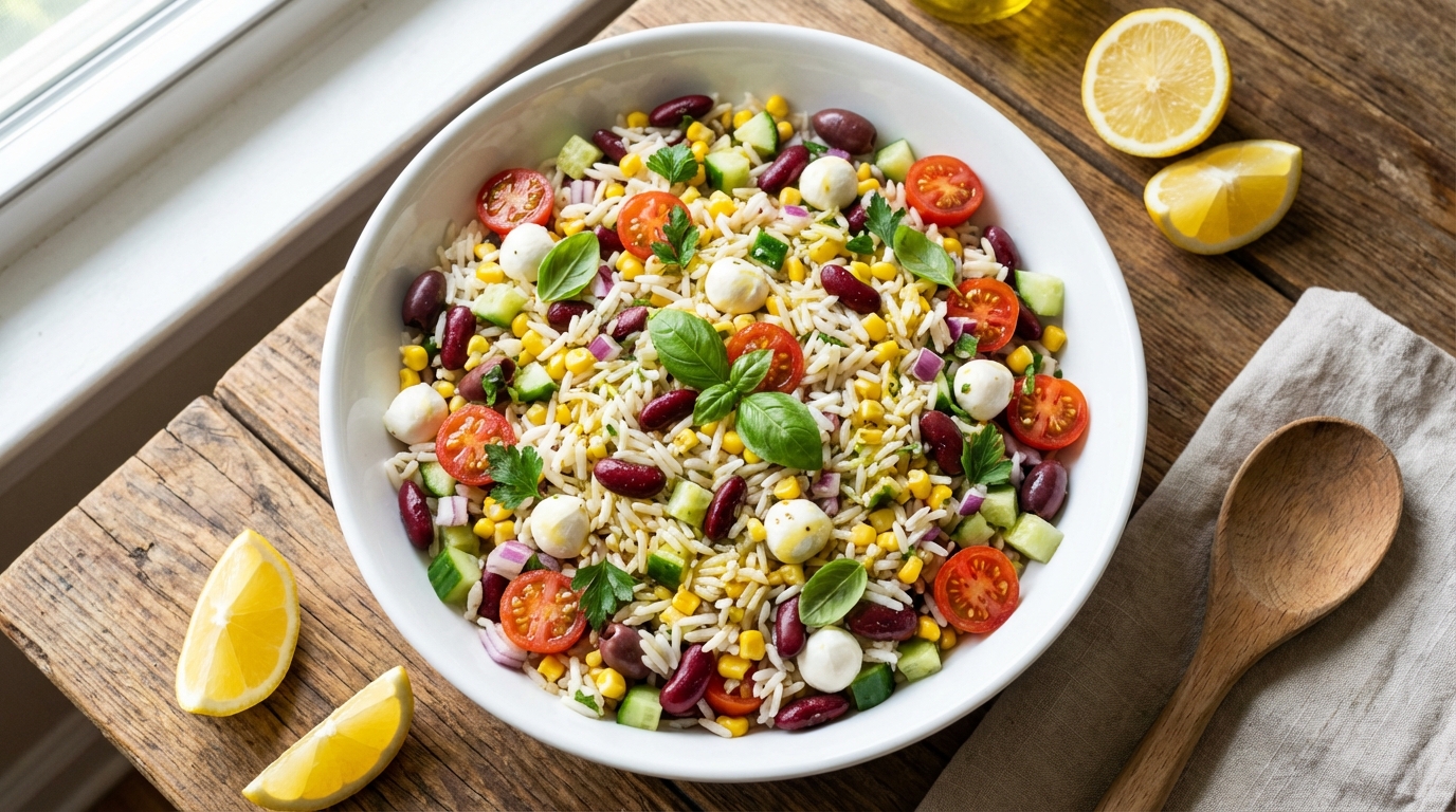 découvrez une salade de riz savoureuse et colorée, réunissant des haricots rouges riches en saveurs et des perles de fromage fondant pour un délice frais et nutritif.