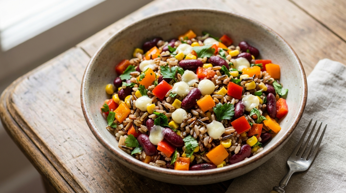 découvrez une salade de riz colorée et savoureuse, mêlant haricots rouges croquants et perles de fromage fondant pour un équilibre parfait de textures et de goûts.