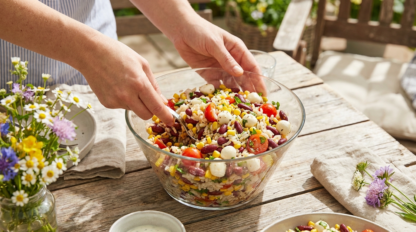 découvrez notre salade de riz colorée aux haricots rouges et perles de fromage fondant, une recette savoureuse et gourmande parfaite pour un repas frais et équilibré.