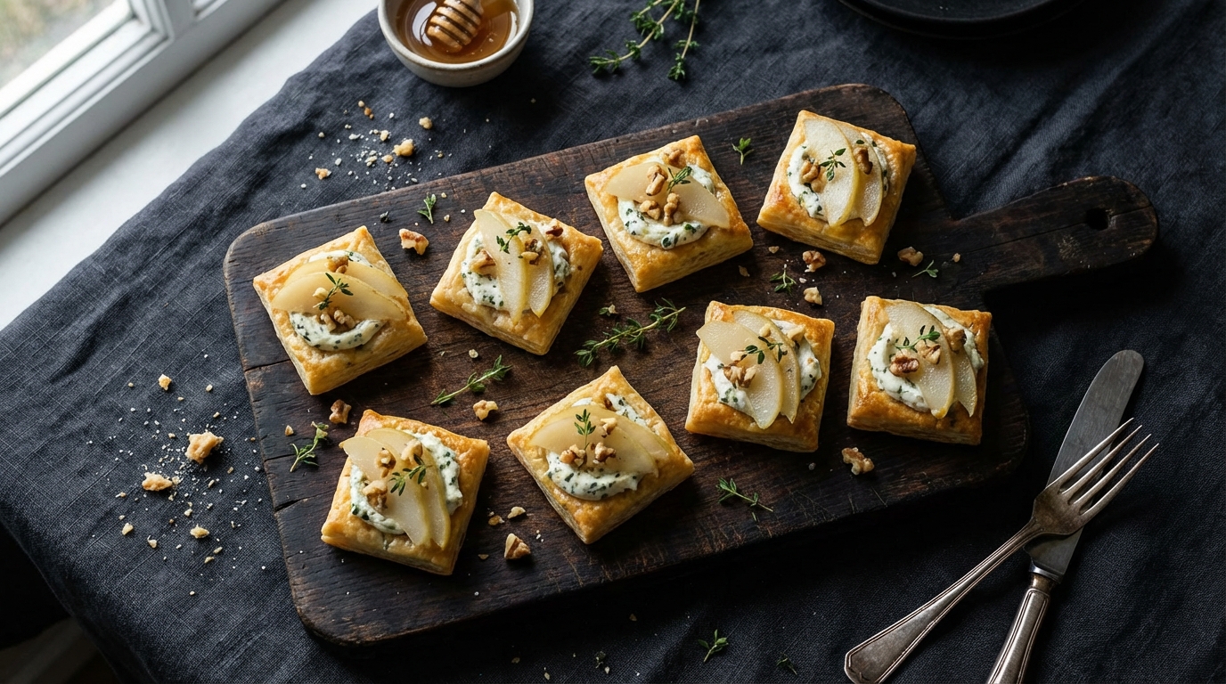 découvrez notre recette savoureuse de délice feuilleté au fromage frais, ail, fines herbes et poire, alliant fraîcheur et originalité pour un plat gourmand et raffiné.