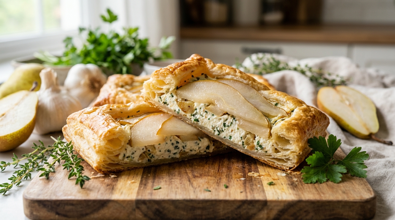découvrez notre recette savoureuse et originale de délice feuilleté au fromage frais, ail, fines herbes et poire, parfaite pour un apéritif gourmand et raffiné.