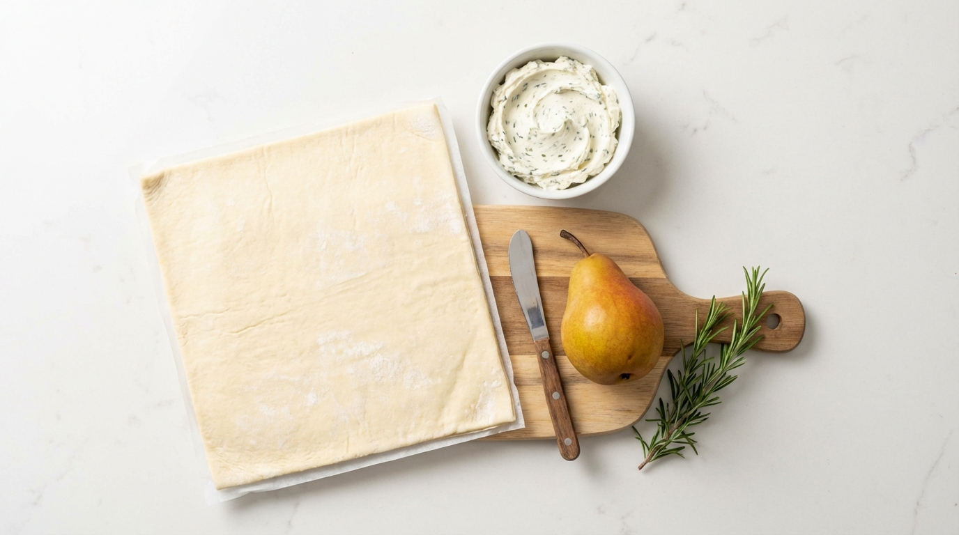 découvrez notre recette savoureuse et originale de délice feuilleté au fromage frais, ail, fines herbes et poire, parfaite pour un apéritif gourmand et raffiné.