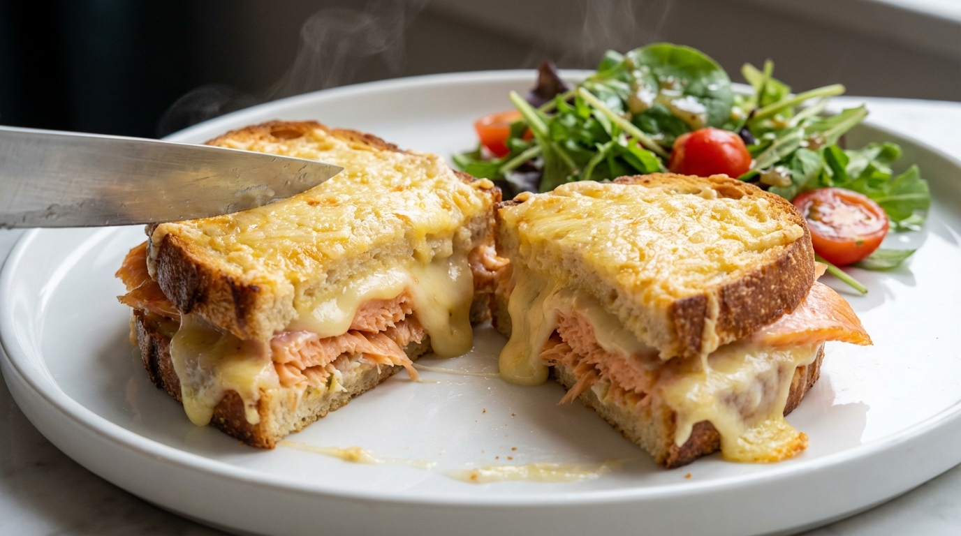savourez un croque au saumon accompagné d'une béchamel allégée, parfait pour une pause gourmande et saine alliant légèreté et plaisir.