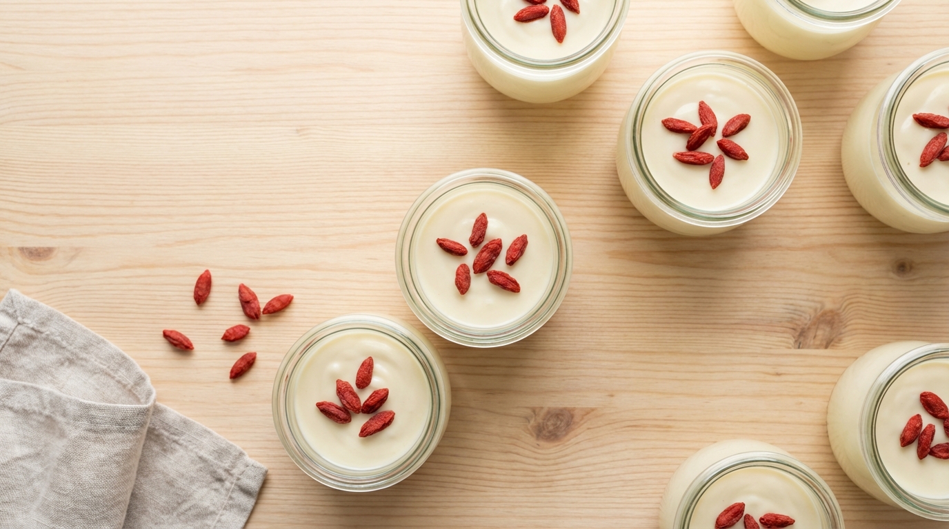 découvrez notre délice léger : une crème onctueuse au chocolat blanc agrémentée de baies de goji pour une douceur saine et gourmande.