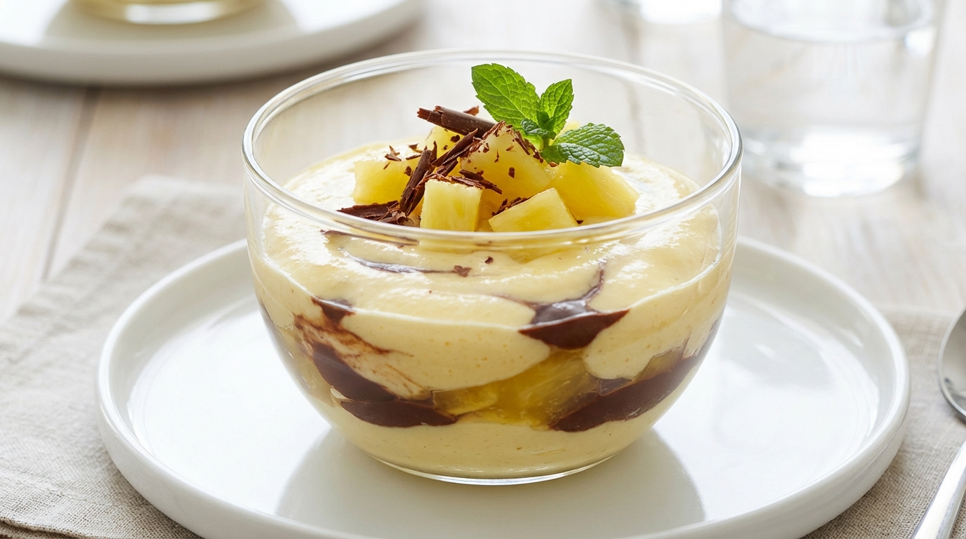 découvrez notre mousse chocolat-ananas légère façon croq’kilos, un dessert savoureux et aérien alliant douceur du chocolat et fraîcheur exotique.