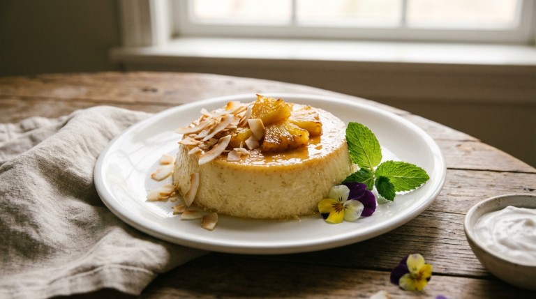 découvrez notre flan aérien à l’ananas et à la noix de coco, un délice tropical alliant douceur et fraîcheur pour un dessert exquis et léger.