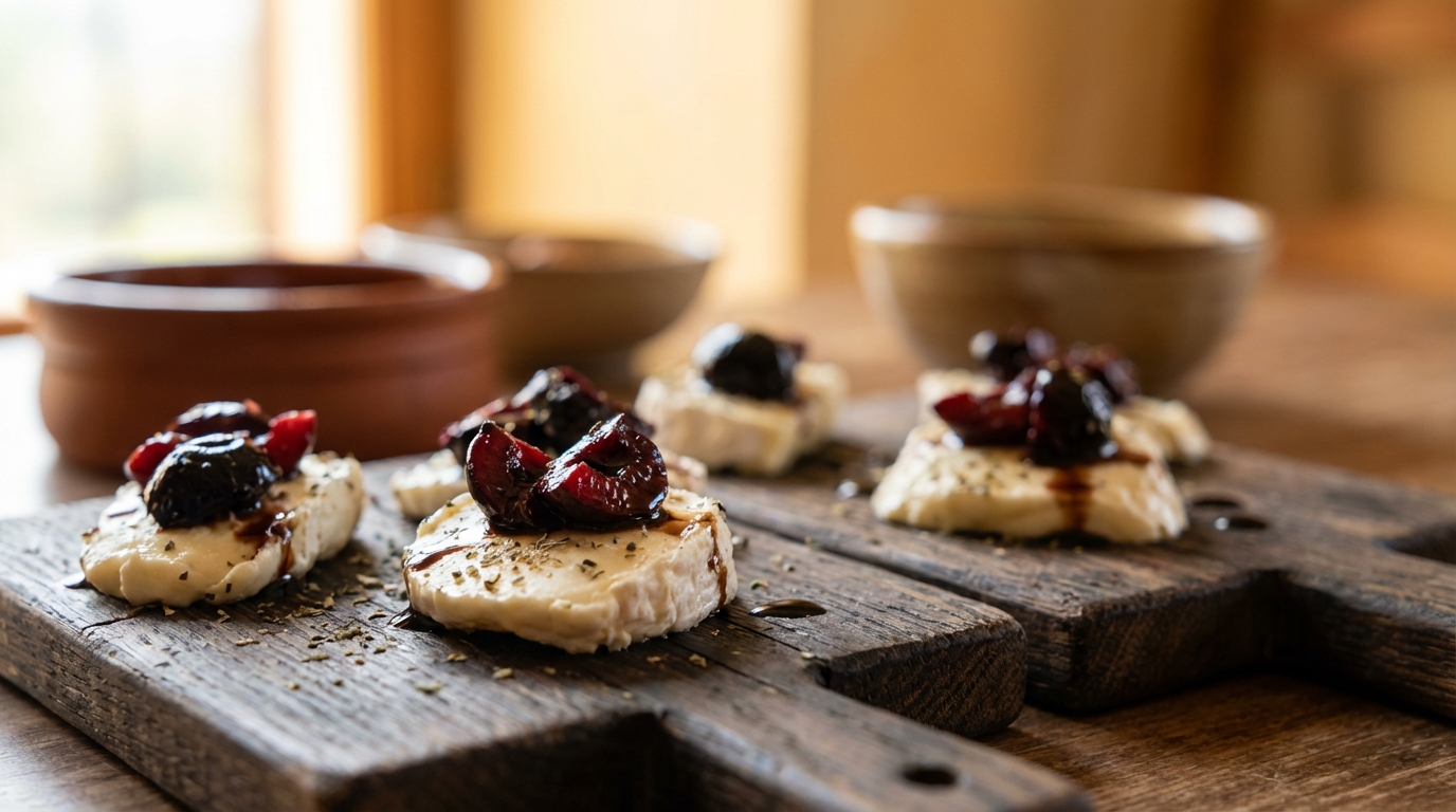 savourez nos délicieuses tapas alliant fromage de brebis crémeux et éclats de cerise noire pour une explosion de saveurs unique.