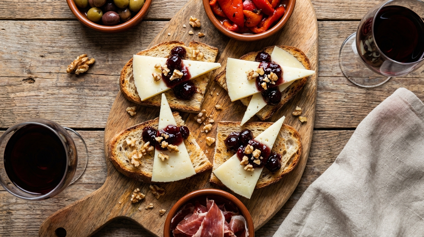 découvrez nos délicieuses tapas alliant le goût intense du fromage de brebis à la douceur acidulée des éclats de cerise noire, pour un apéritif gourmand et raffiné.