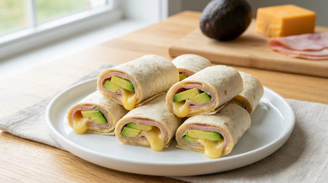 découvrez nos minis wraps légers et savoureux à l’avocat, jambon et fromage, parfaits pour une pause gourmande et équilibrée.