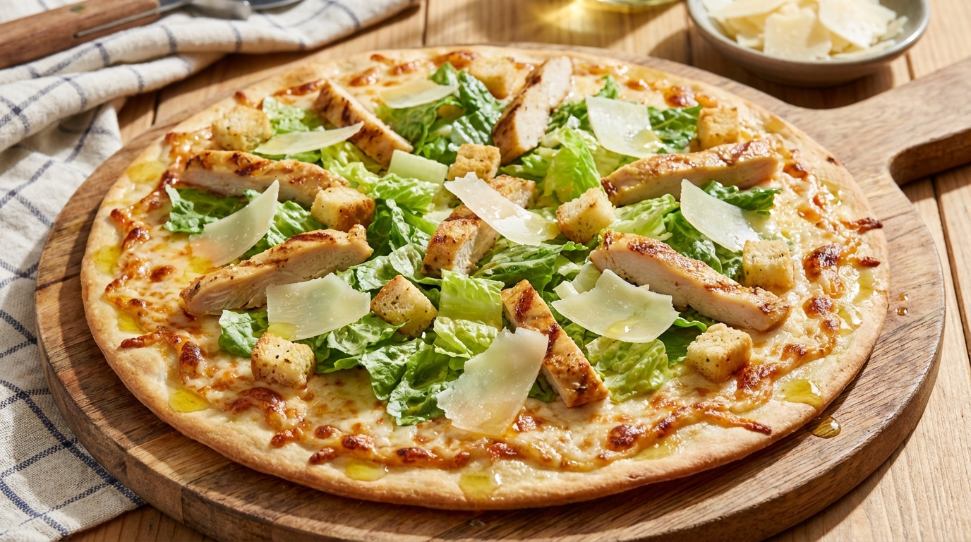 savourez notre délicieuse pizza césar, généreusement garnie de copeaux de parmesan fondants pour une explosion de saveurs authentiques.