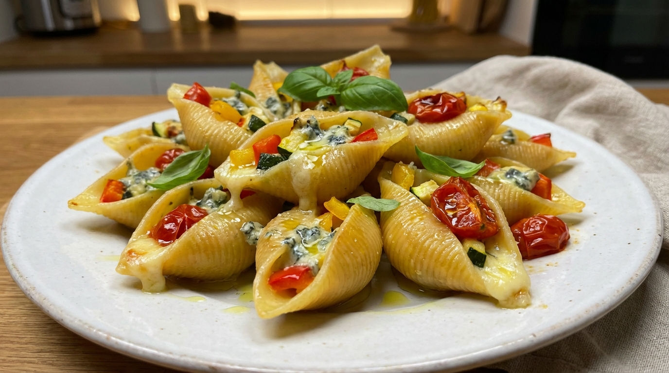 découvrez nos conchiglionis généreusement garnis de légumes croquants et de fromage bleu fondant, une explosion de saveurs pour un repas gourmand et équilibré.