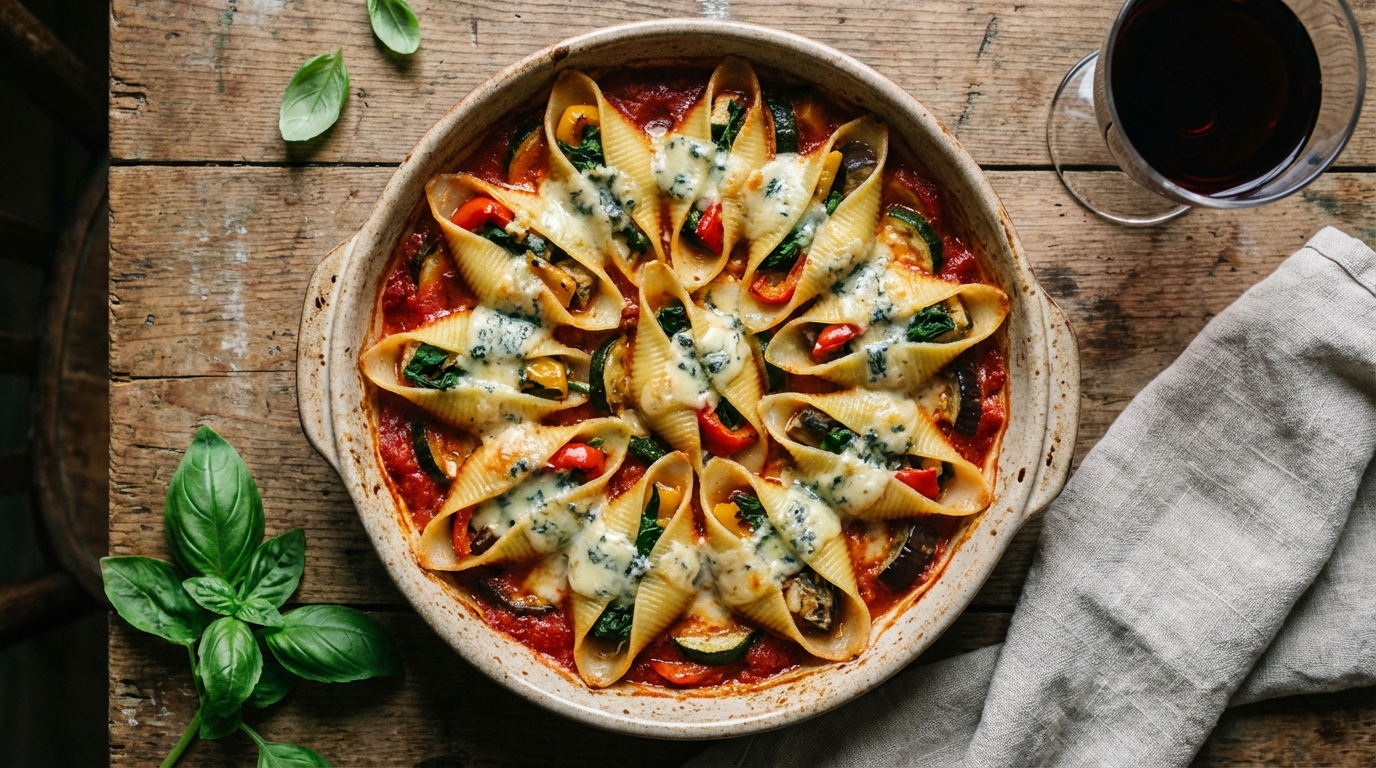 savourez nos conchiglionis généreusement garnis de légumes croquants et de fromage bleu fondant pour un plat gourmand et équilibré.