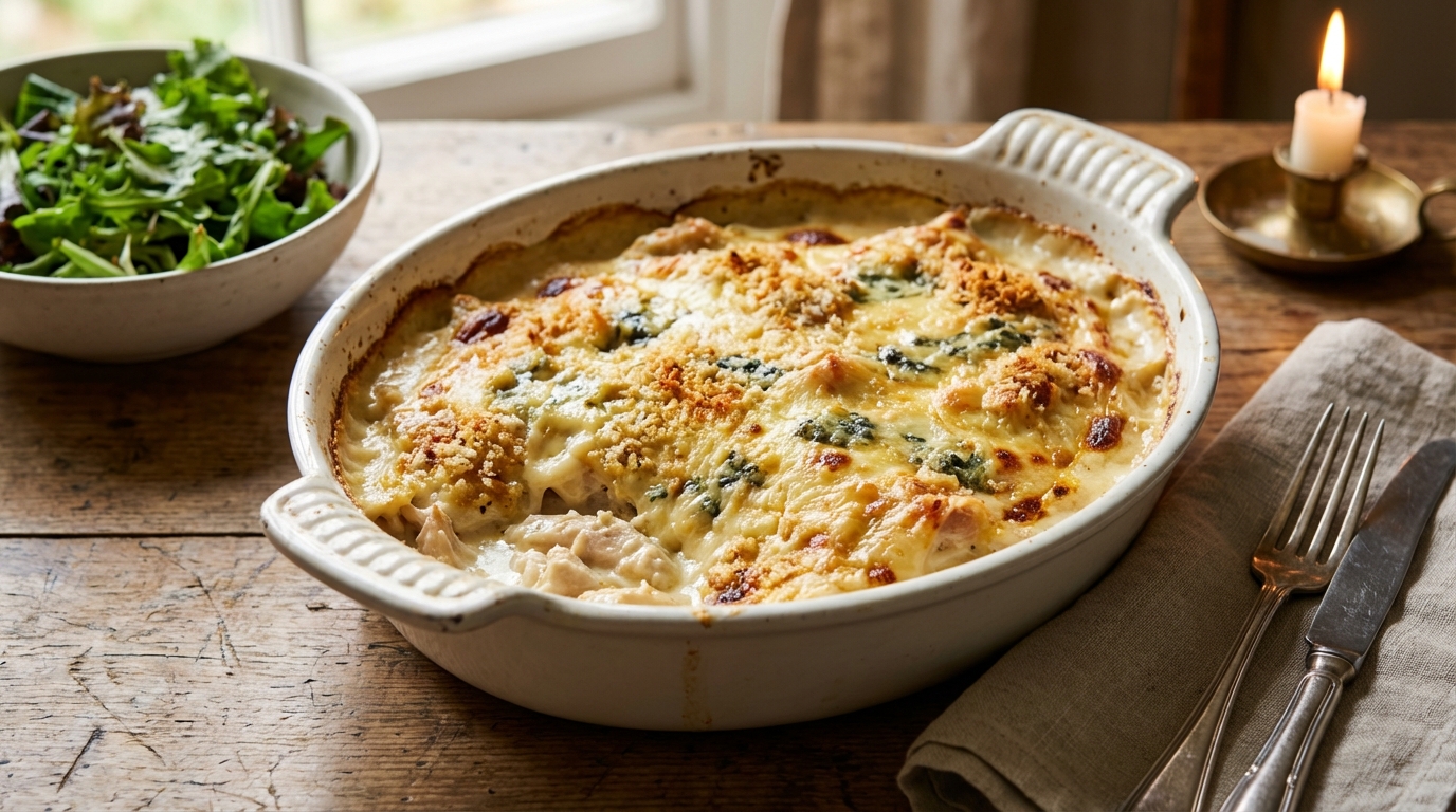 découvrez notre recette rapide et gourmande de gratin de poulet au fromage bleu, alliant saveurs riches et simplicité pour un repas délicieux et réconfortant.