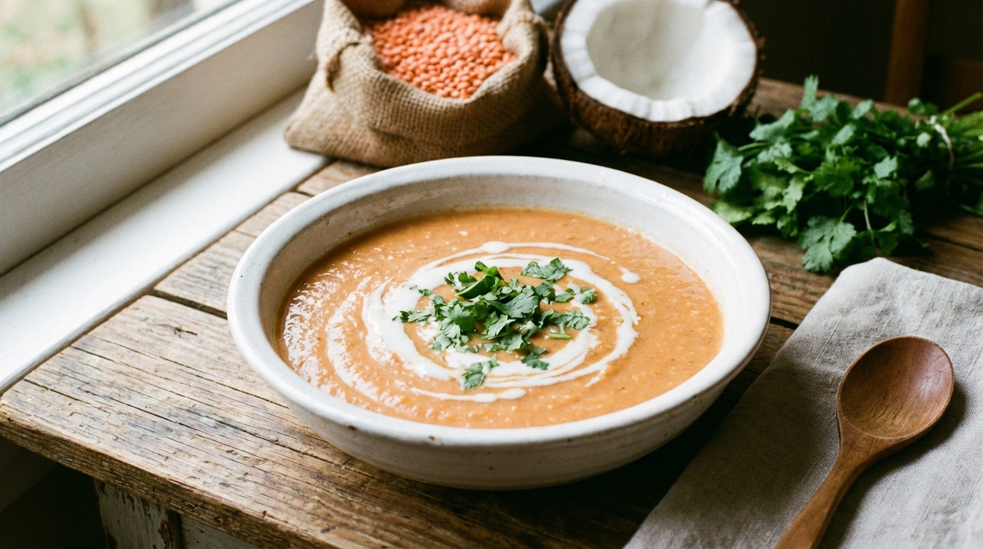 découvrez notre recette simple et légère de velouté de lentilles corail au lait de coco, un délicieux plat réconfortant à savourer toute l'année.