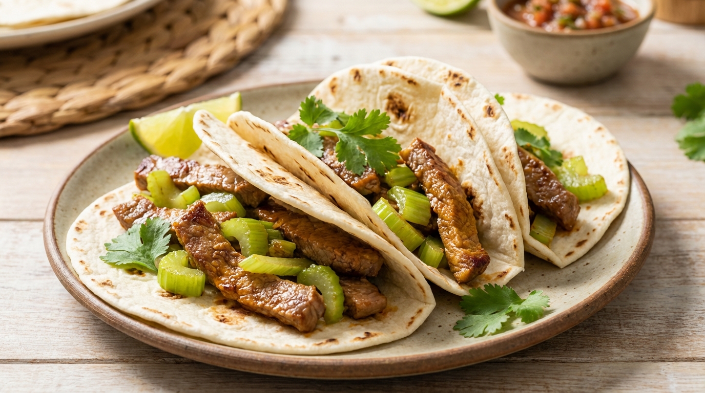 découvrez notre recette de fajitas croustillantes au céleri et bœuf caramélisé, alliant légèreté et saveurs gourmandes pour un repas équilibré et délicieux.
