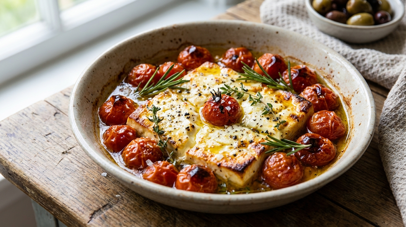 découvrez notre recette savoureuse de feta fondante accompagnée de tomates rôties au four, pour une explosion de saveurs méditerranéennes qui ravira vos papilles.
