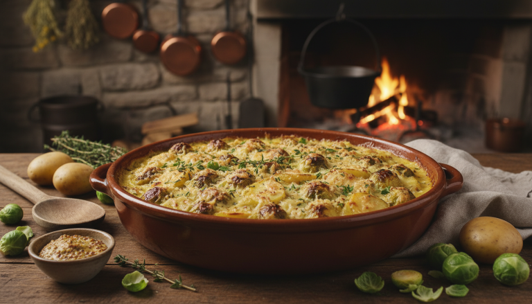découvrez notre gratin hivernal aux choux de bruxelles, pommes de terre et crème à la moutarde, une recette réconfortante et savoureuse parfaite pour partager des moments chaleureux en famille.