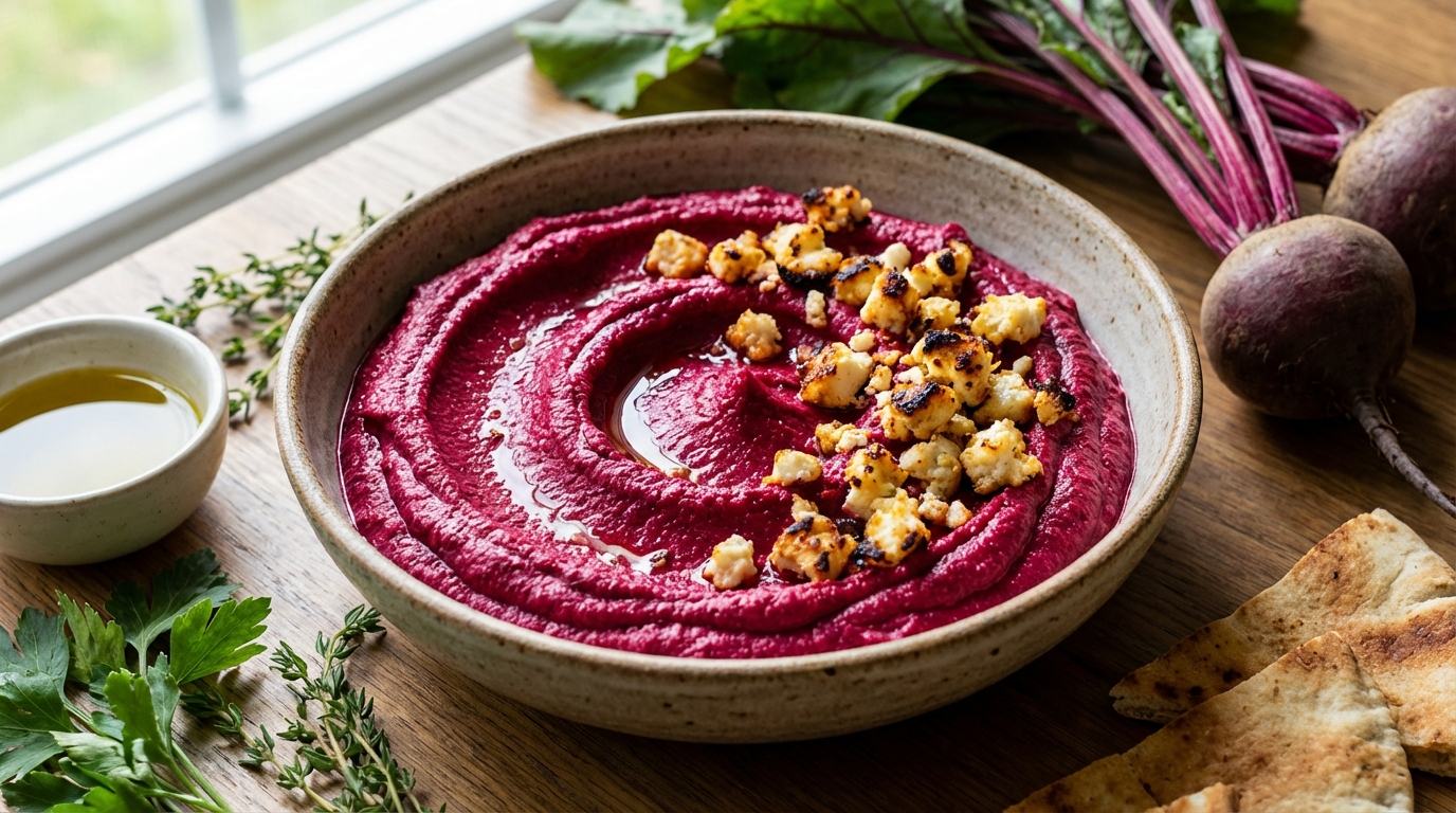 découvrez une recette gourmande de houmous de betterave accompagné de chèvre croustillant, alliant textures et saveurs pour un apéritif original et délicieux.