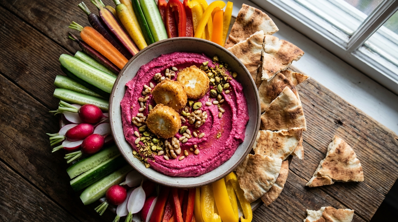 découvrez notre recette gourmande de houmous de betterave au chèvre croustillant, un mélange savoureux et coloré pour régaler vos papilles.