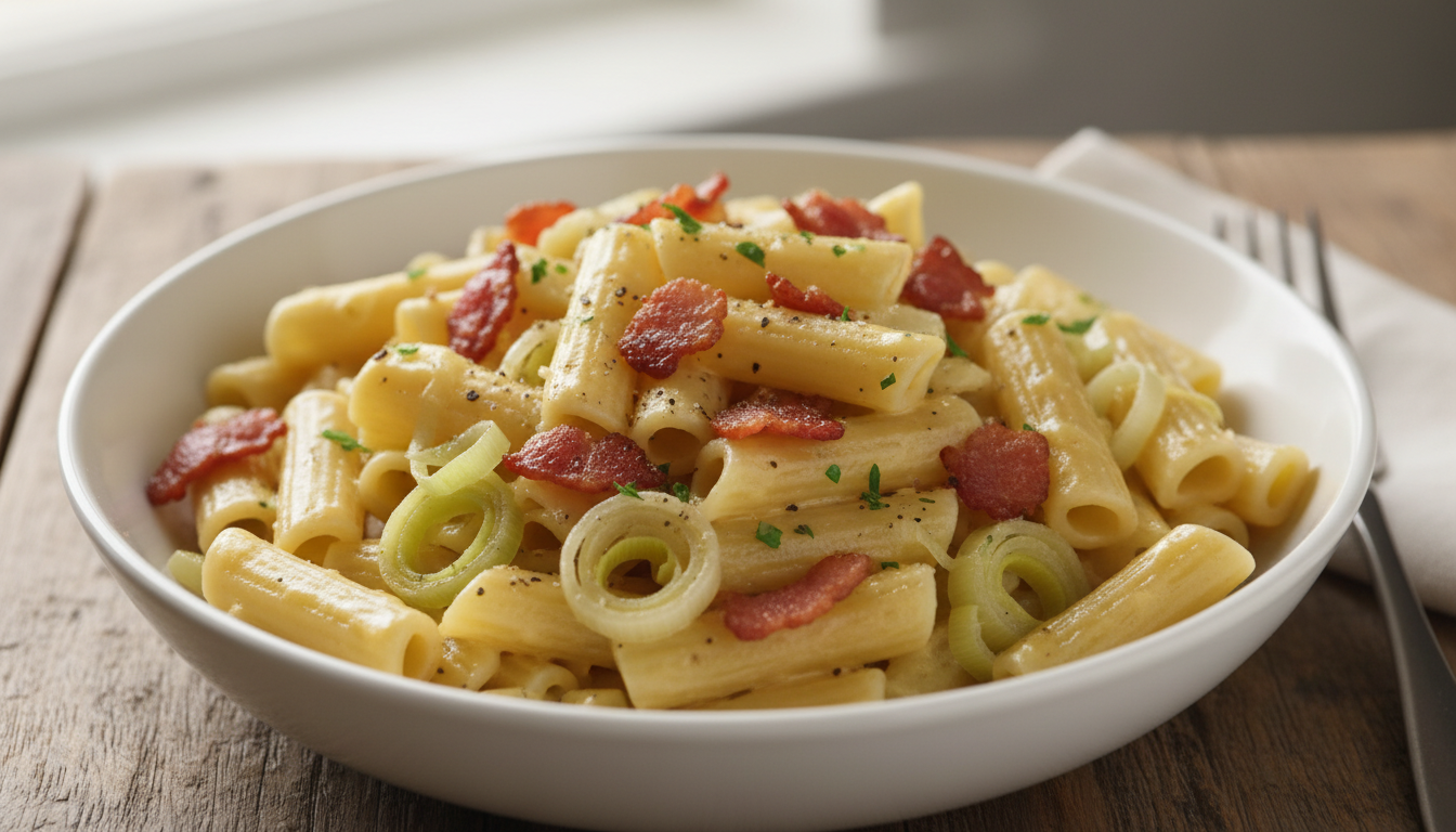 découvrez une recette gourmande de pâtes sans crème, associant des poireaux fondants et des lardons dorés, le tout nappé d'une sauce éclatante pour un plat savoureux et léger.