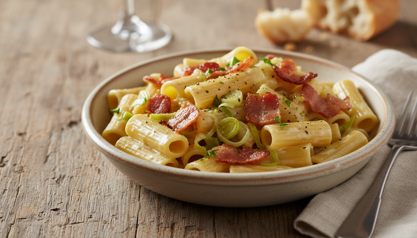 découvrez une recette gourmande de pâtes sans crème avec des poireaux fondants, des lardons dorés et une sauce éclatante pleine de saveurs.