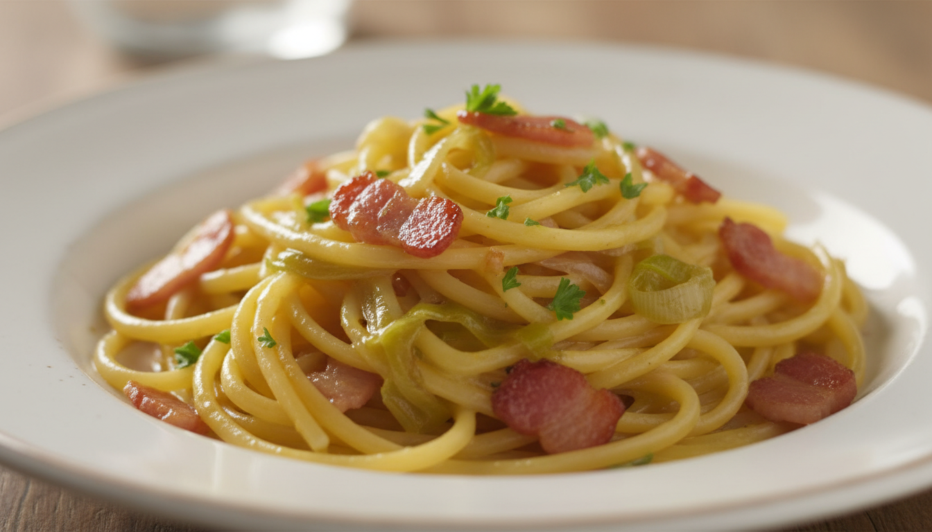 découvrez une recette savoureuse de pâtes gourmandes sans crème, avec des poireaux fondants et des lardons dorés, le tout nappé d'une sauce éclatante pour un repas délicieux et léger.