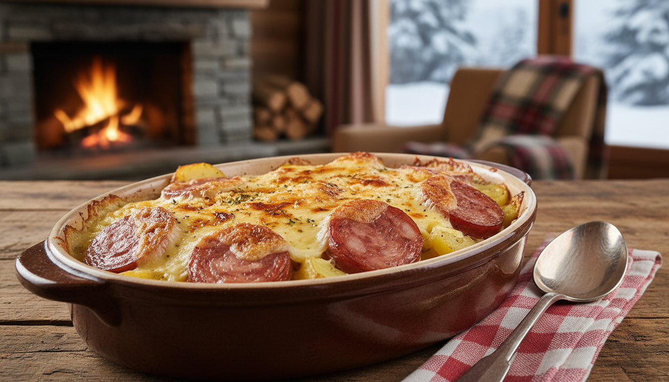 découvrez un gratin savoyard fondant mêlant le caractère du reblochon et la saveur fumée de la saucisse de morteau, pour un voyage gourmand au cœur des montagnes.