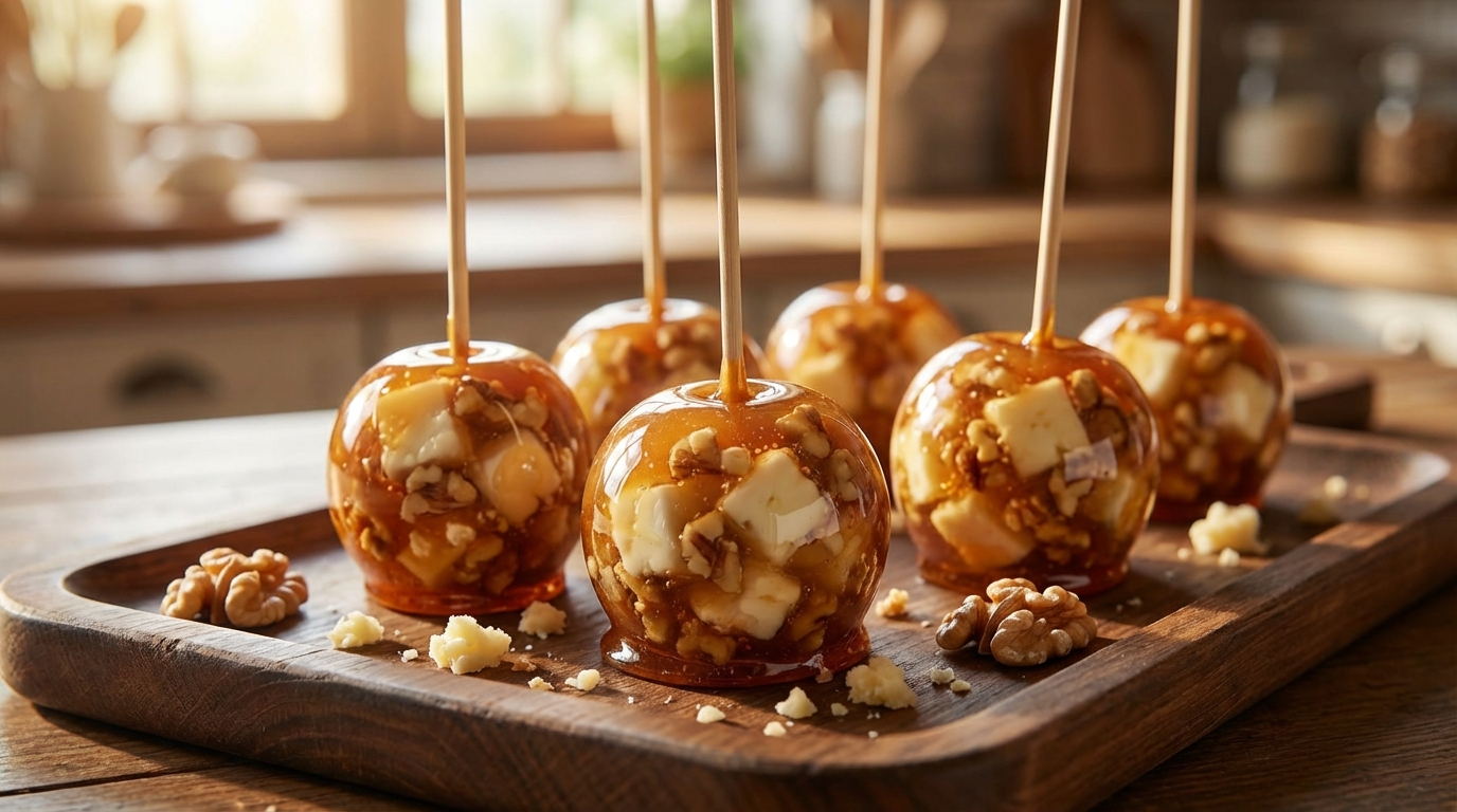 découvrez nos sucettes gourmandes au fromage frais et noix, une recette revisitée façon pomme d’amour alliant douceur et croquant pour un plaisir original et raffiné.