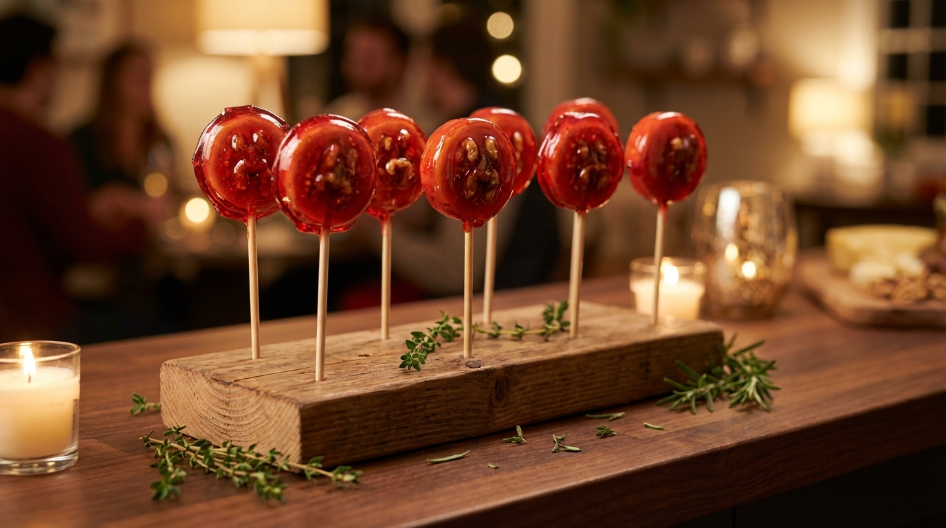 découvrez nos sucettes gourmandes au fromage frais et noix, une délicieuse revisite de la pomme d’amour pour une explosion de saveurs sucrées et salées.