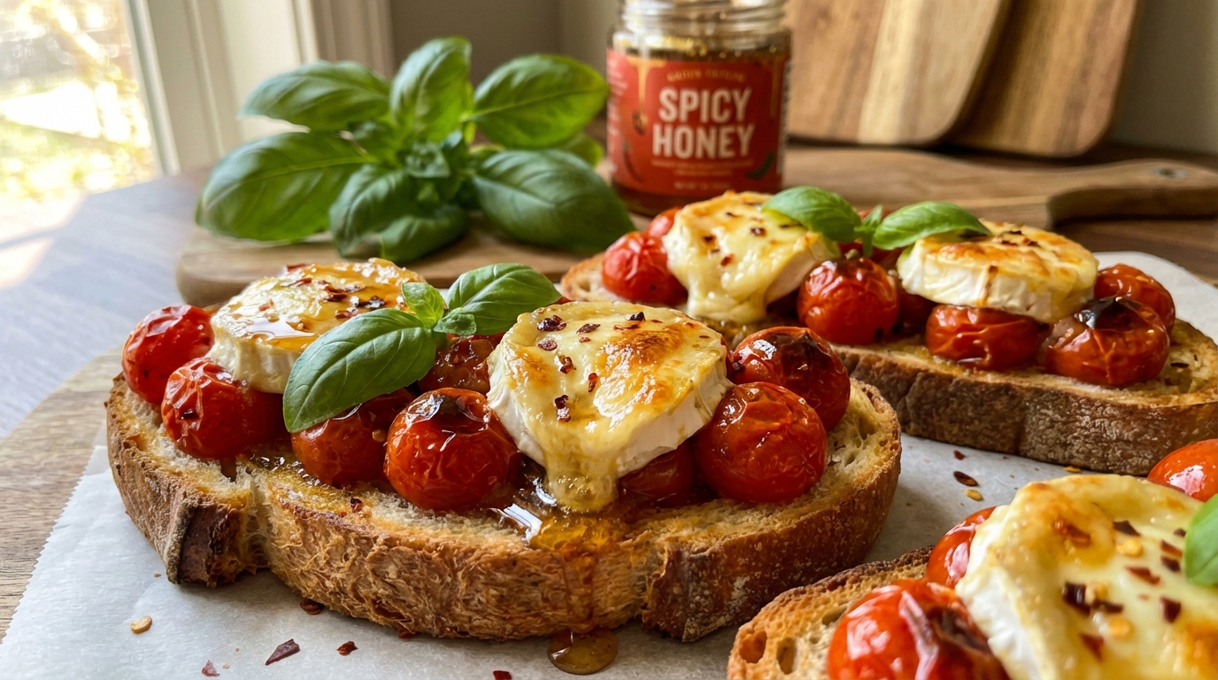 découvrez nos bruschettas légères aux tomates fraîches, chèvre fondant et miel épicé, délicieusement gratinées au four pour une explosion de saveurs sucrées-salées.