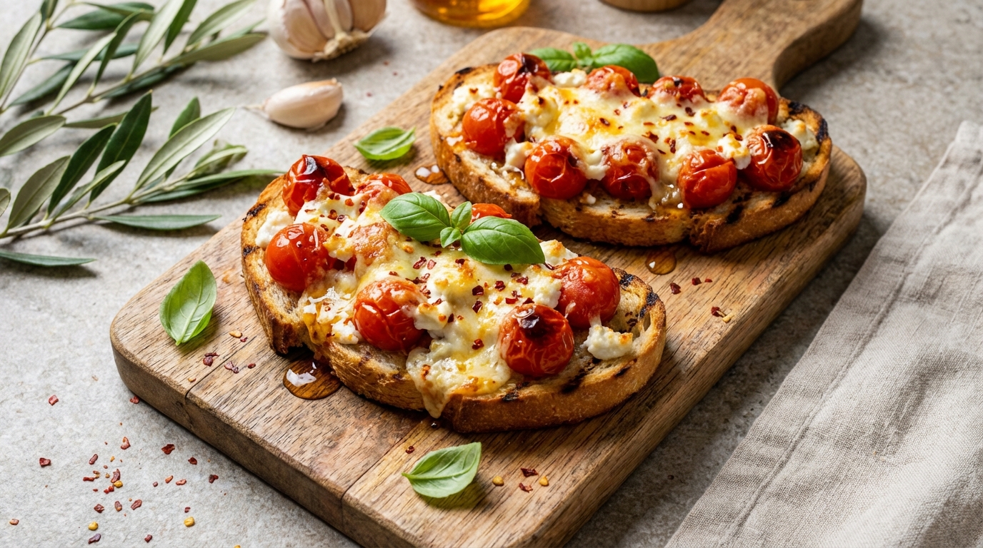 découvrez nos bruschettas légères aux tomates fraîches, chèvre fondant et miel épicé, délicieusement gratinées au four pour une expérience gourmande et savoureuse.
