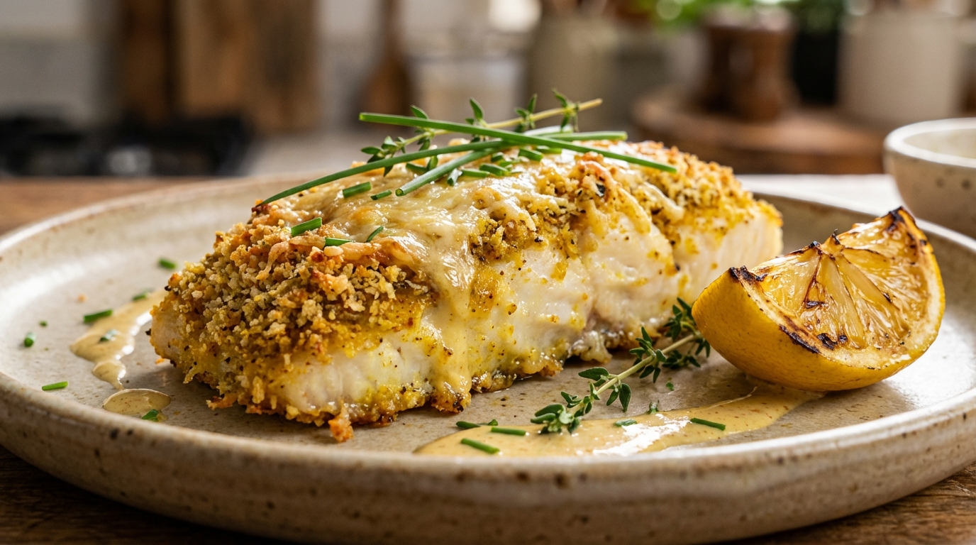 découvrez notre cabillaud délicat en croûte croustillante au parmesan, sublimé par un parfum subtil de curry pour un repas savoureux et raffiné.