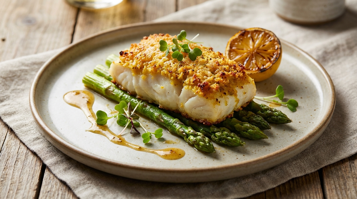 savourez un cabillaud délicat en croûte croustillante au parmesan, relevé d'un parfum subtil de curry pour une explosion de saveurs gourmandes.