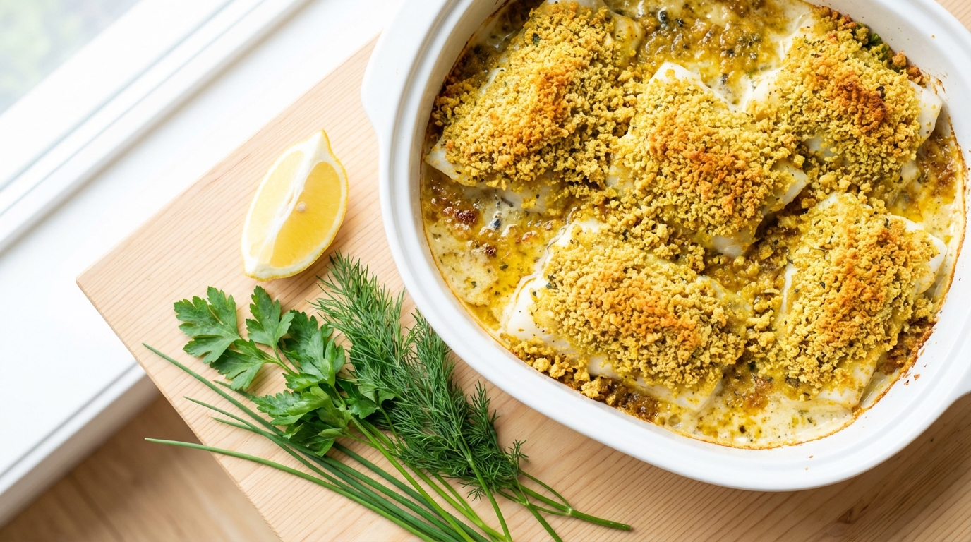 découvrez notre cabillaud délicat en croûte croustillante au parmesan, sublimé par un parfum de curry, pour un plat savoureux et raffiné.