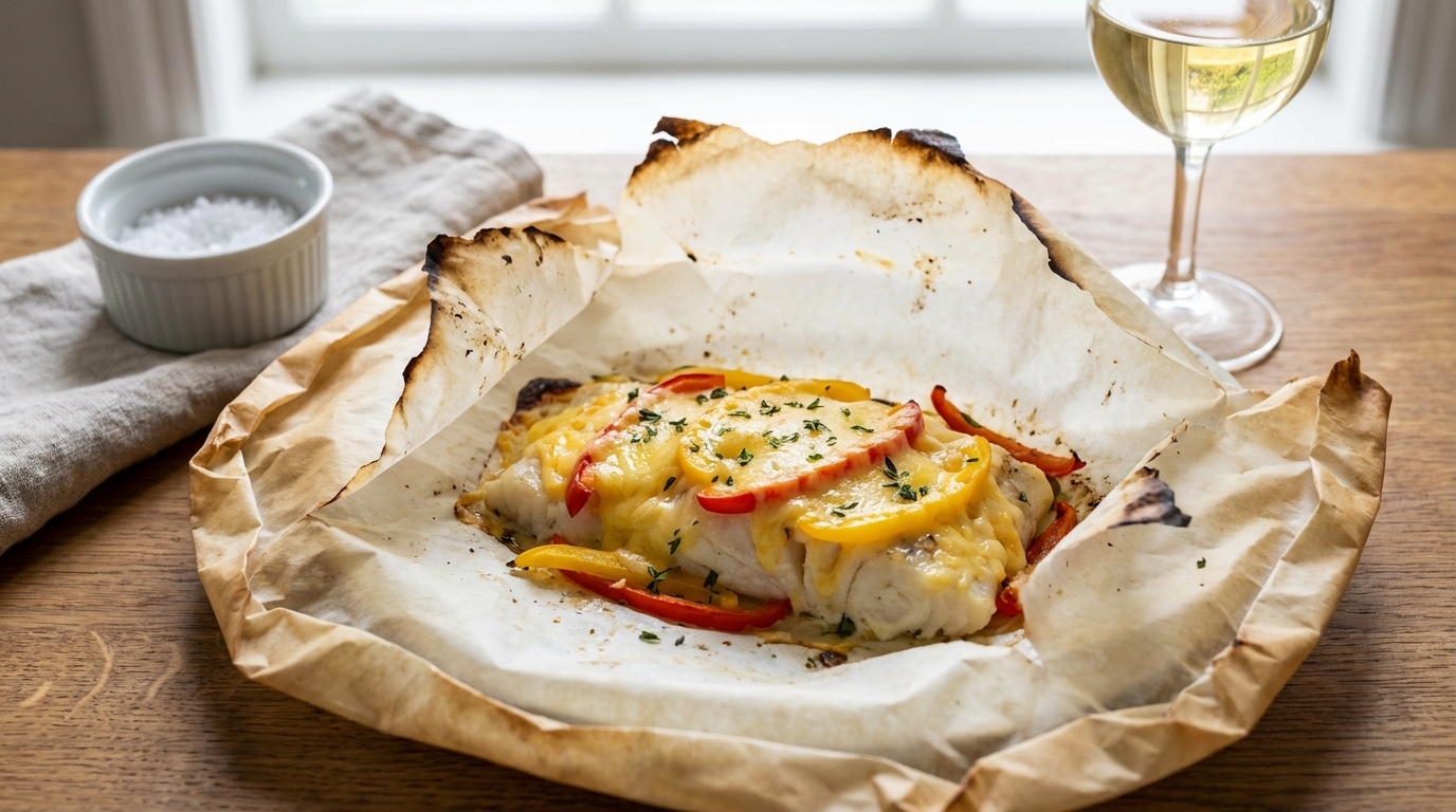 découvrez notre recette de cabillaud en papillote, alliant la douceur du fromage fondant aux poivrons croquants pour un mariage gourmand et plein de saveurs.