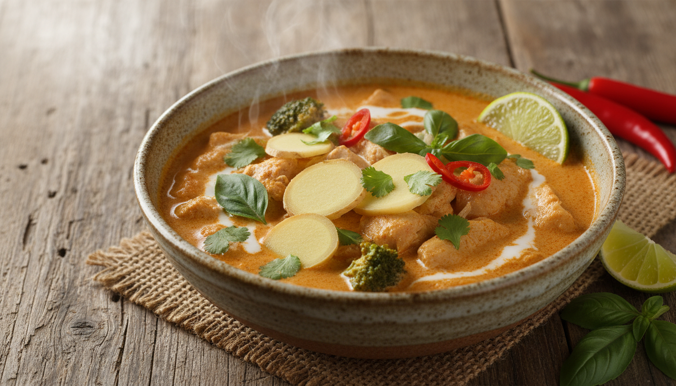 découvrez ce curry thaï au gingembre et lait de coco, une recette aux saveurs exquises qui vous transporte dans un voyage culinaire chaleureux et inoubliable à chaque bouchée.